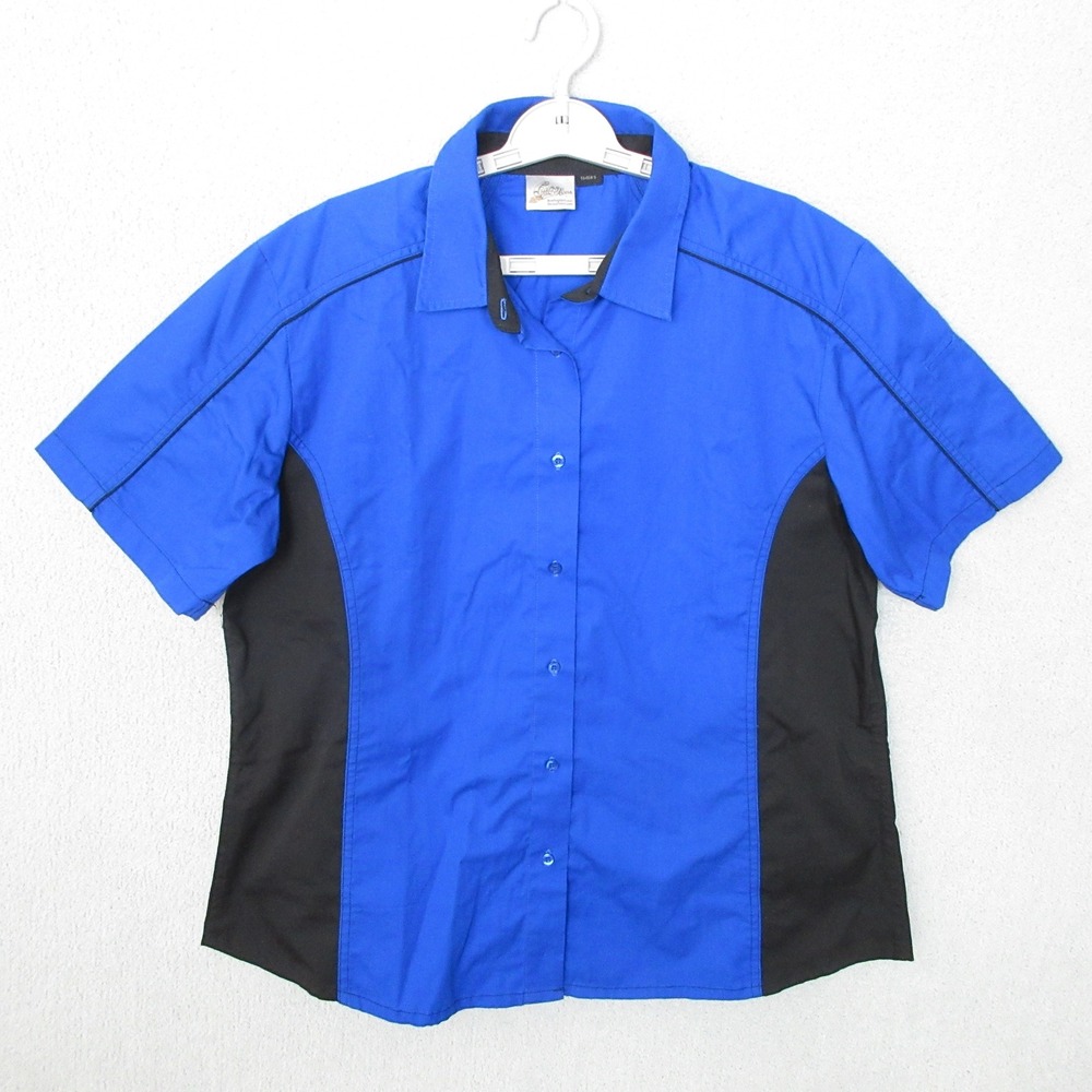 Crusin USA Ladies XL Bowling Shirt Blue Black Button Up Short Sleeve